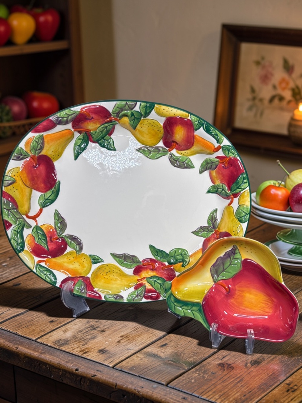 Vtg Clay Art San Francisco hand-painted Apples & Pears 2-piece chip and dip set